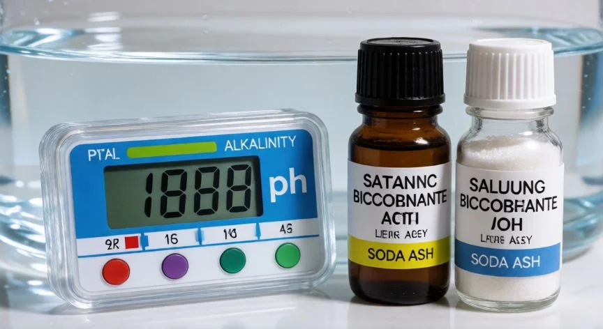 mejor producto para subir el ph de la piscina, Kit de prueba de agua mostrando niveles de pH y botellas de productos para equilibrar la piscina