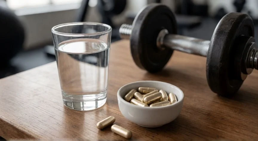 Suplementos de Zinc y Vitamina D sobre una mesa en un gimnasio