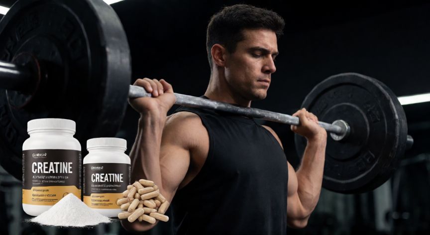mejor producto para subir la testosterona, Hombre realizando ejercicio de fuerza con suplementos de rendimiento al fondo