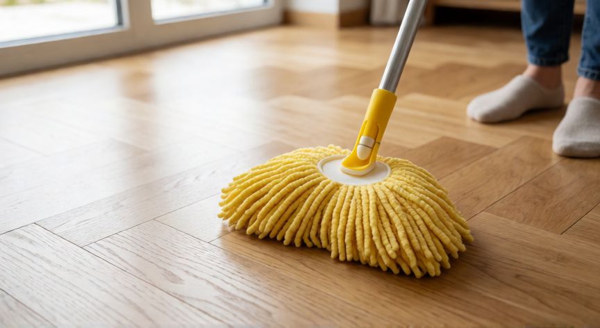 mejor producto para suelos de madera, Persona fregando suelo de madera de roble con mopa de microfibra bien exprimida