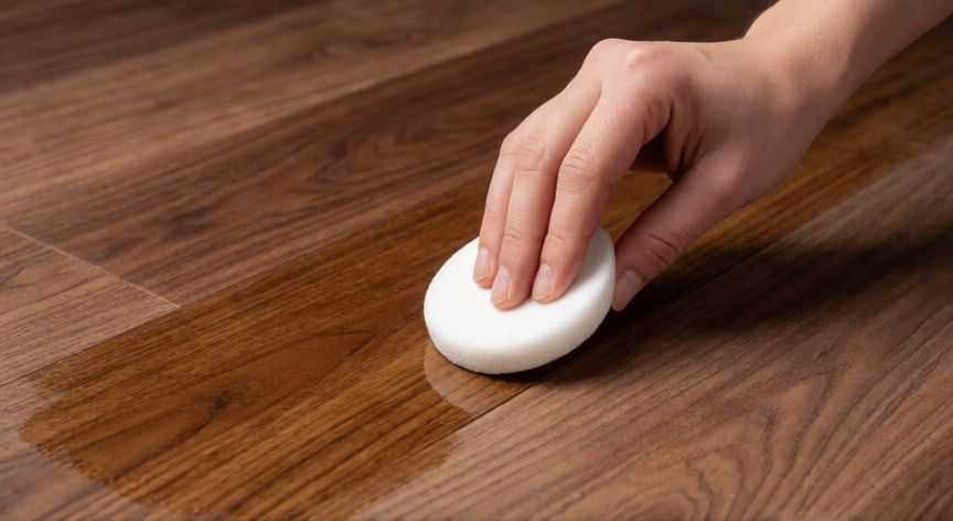mejor producto para suelos de madera, Aplicación de aceite protector sobre suelo de madera de nogal con aplicador de microfibra
