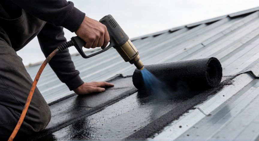 mejor producto para tapar goteras, Uso de manta asfáltica autoadhesiva para reparar una fuga en tejado metálico