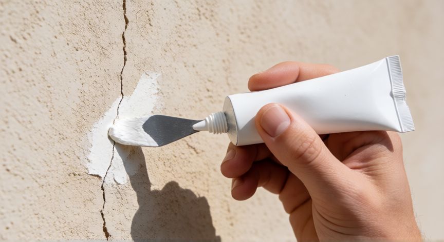 mejor producto para tapar grietas, Aplicando masilla flexible para tapar una grieta fina en la pared con espátula