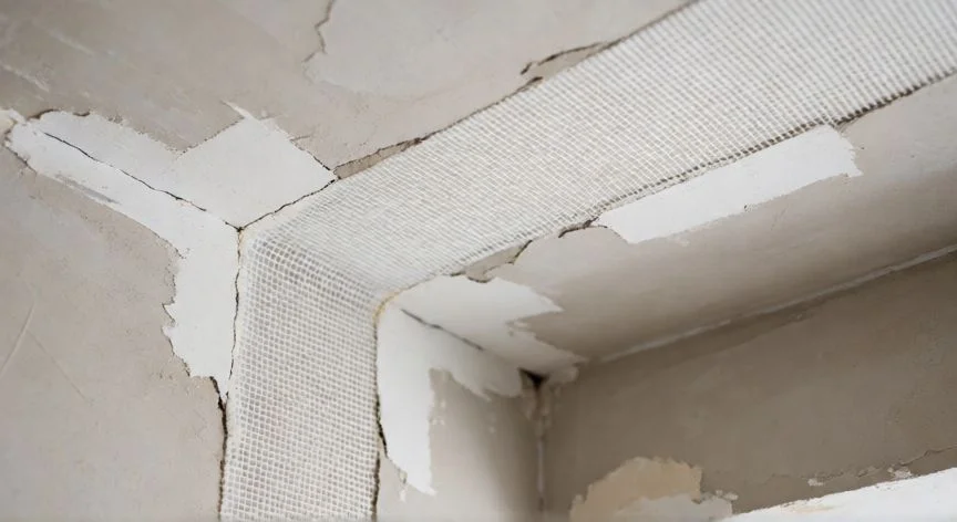 mejor producto para tapar grietas en el techo, Detalle de reparación de grieta en techo con malla de fibra de vidrio y masilla
