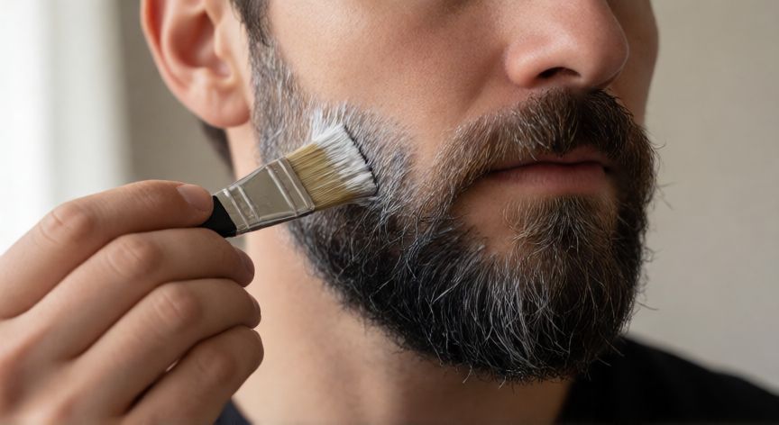 mejor producto para teñir barba, Aplicación de tinte profesional en barba masculina con cepillo