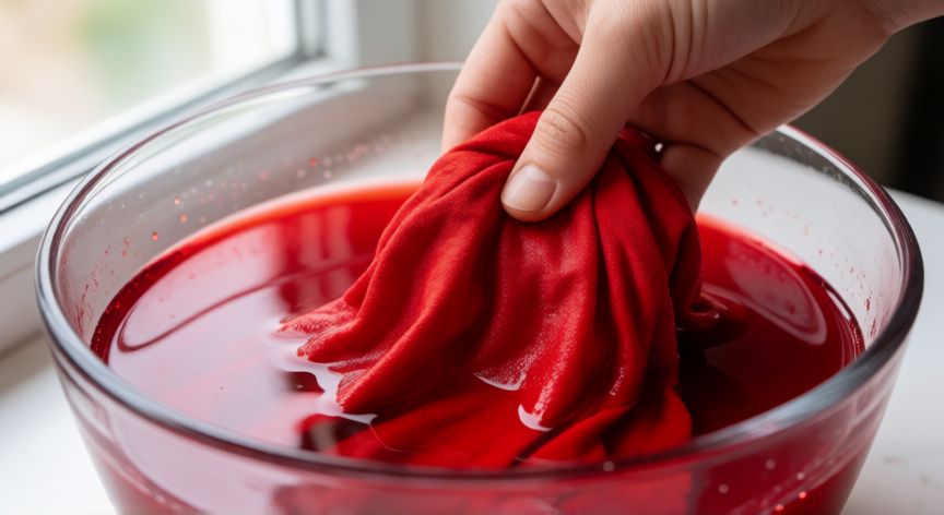 mejor producto para teñir ropa, Persona teñiendo una camiseta de algodón roja en un bol con tinte líquido