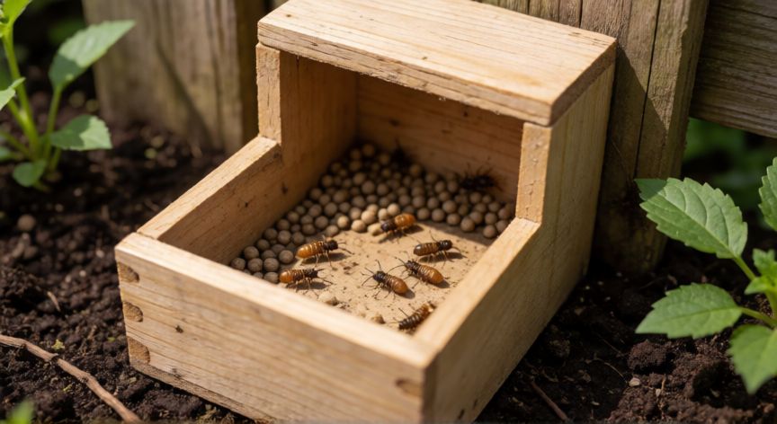 mejor producto para termitas, Estación de cebo para termitas instalada cerca de una valla de madera