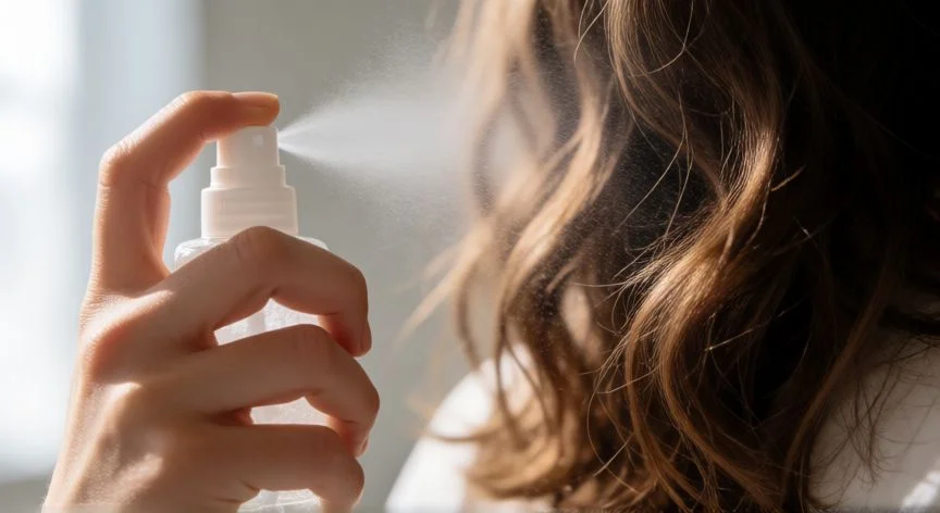 Aplicando spray texturizador con sales marinas sobre cabello ondulado para añadir volumen