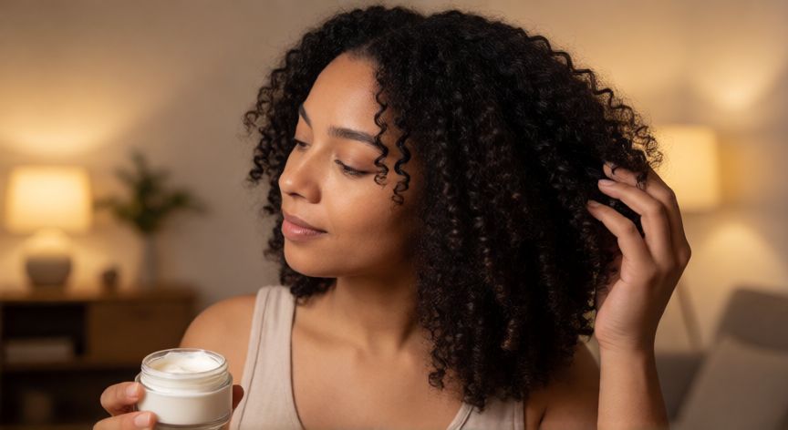 mejor producto para texturizar el cabello, Mujel usando crema texturizadora para definir rizos gruesos y añadir movimiento al cabello