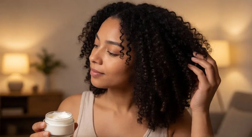 mejor producto para texturizar el cabello, Mujel usando crema texturizadora para definir rizos gruesos y añadir movimiento al cabello