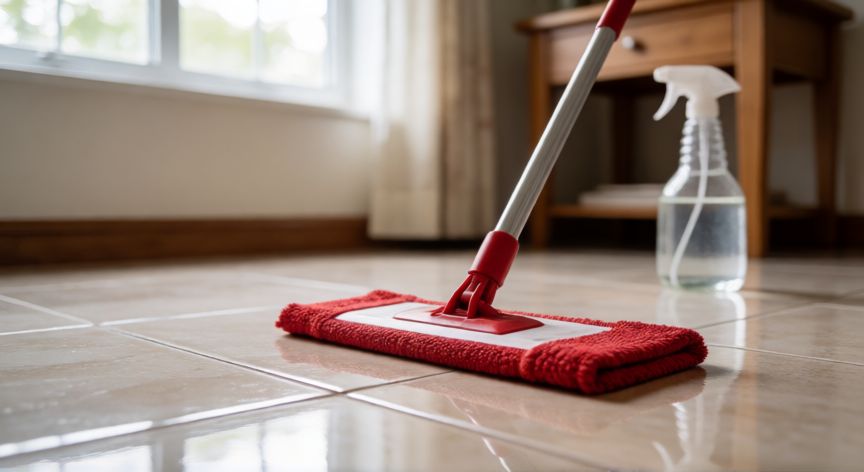 mejor producto para trapear pisos, Piso de cerámica brillante después de ser trapeado con mopa