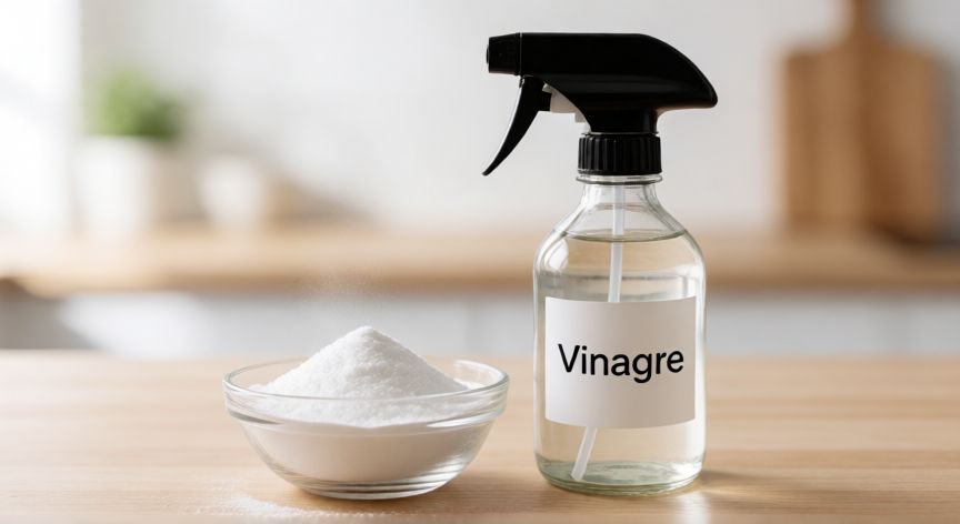 mejor producto para trapear pisos, Botella de vinagre y bicarbonato como limpiadores caseros