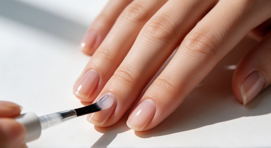 mejor producto para uñas, Aplicación de suero fortalecedor en uñas naturales con pincel fino