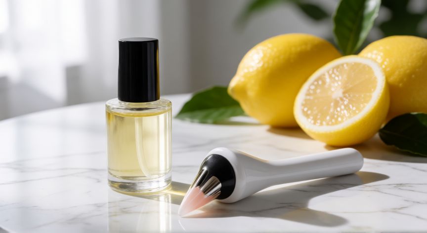 mejor producto para uñas, Botella de aceite reparador para uñas y herramienta de masaje sobre marmol