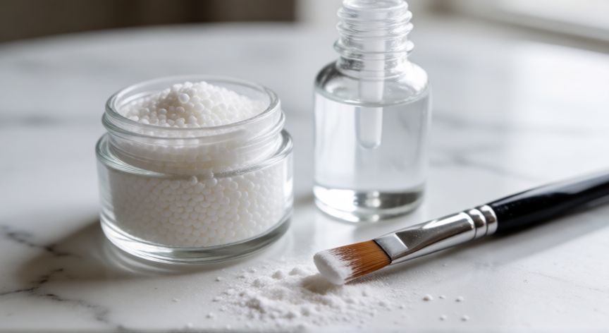 mejor producto para uñas acrilicas, Productos esenciales de acrílico para uñas con bolitas blancas y líquido activador