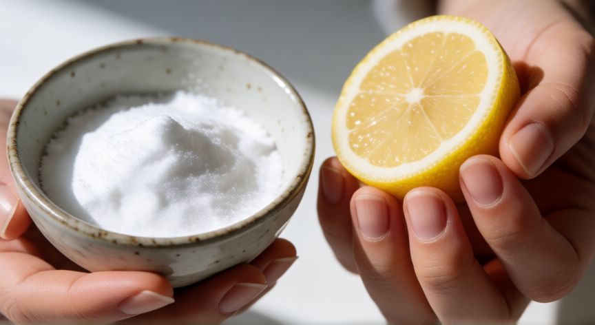 mejor producto para uñas amarillas, Manos aplicando remedio casero con bicarbonato y limón para uñas amarillas