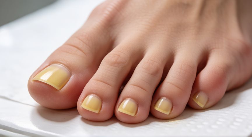 mejor producto para uñas con hongos, Pies con uñas afectadas por hongos mostrando cambios de color y espesor