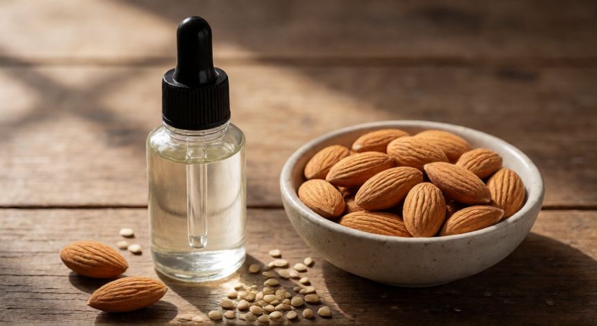 mejor producto para uñas dañadas, Botella de aceite fortalecedor para uñas junto a almendras y semillas naturales