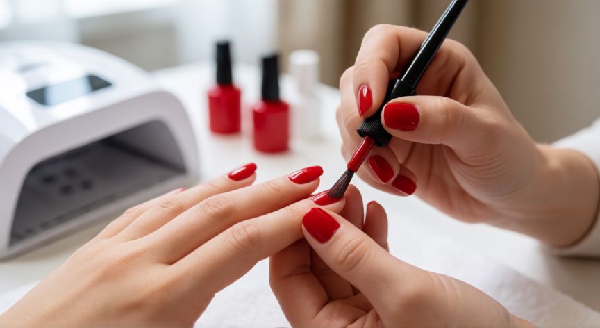 mejor producto para uñas de gel, Técnico aplicando esmalte de gel rojo sobre uñas con acabado brillante