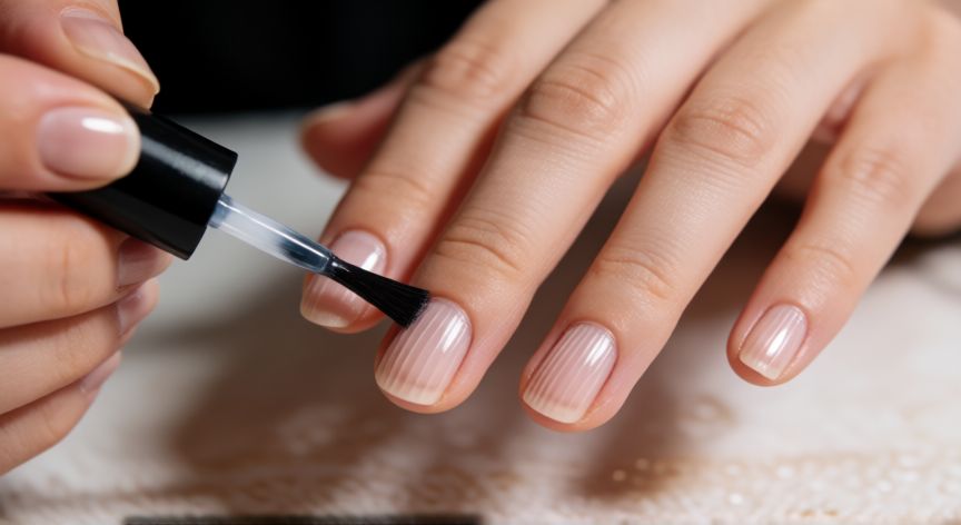 mejor producto para uñas estriadas, Mano aplicando esmalte transparente sobre uñas con estrías verticales visibles