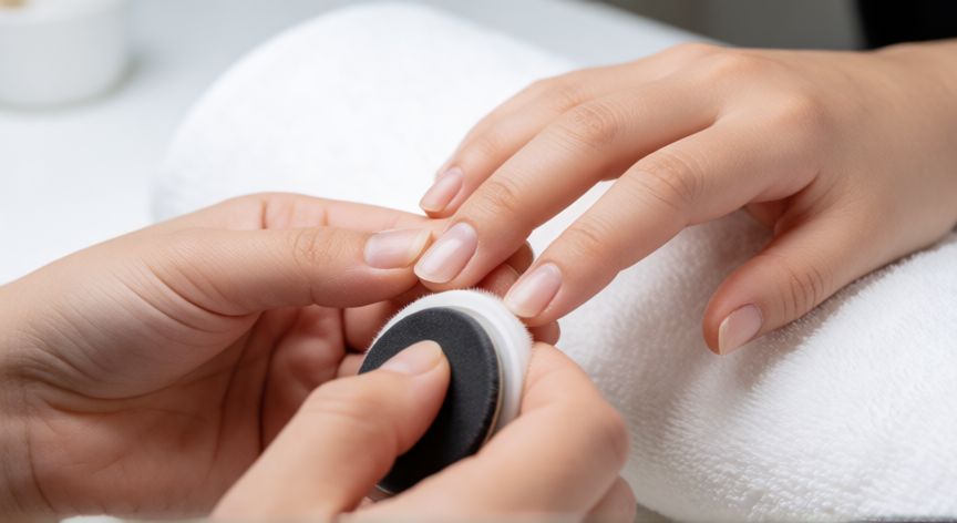 mejor producto para uñas estriadas, Manicurista profesional lixando y suavizando la superficie de las uñas con cuidado