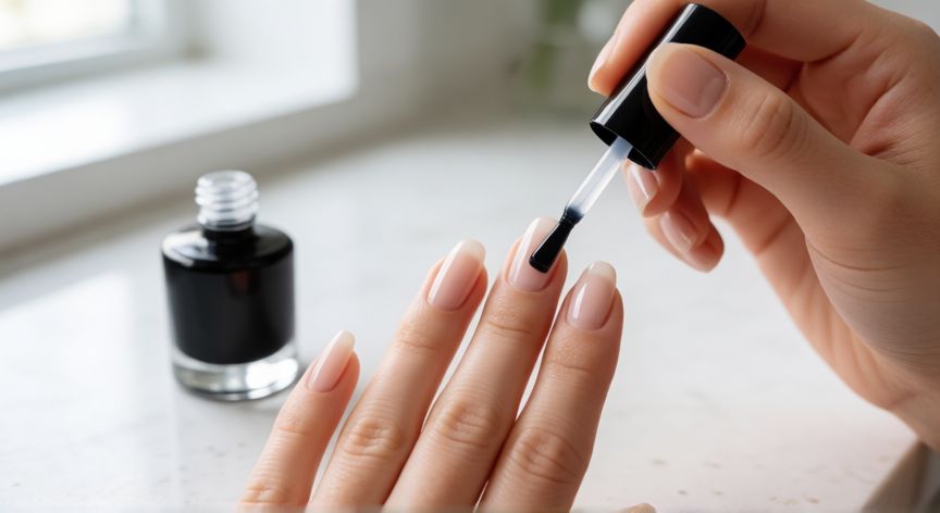 mejor producto para uñas quebradizas, Manos aplicando esmalte fortalecedor transparente en uñas sanas