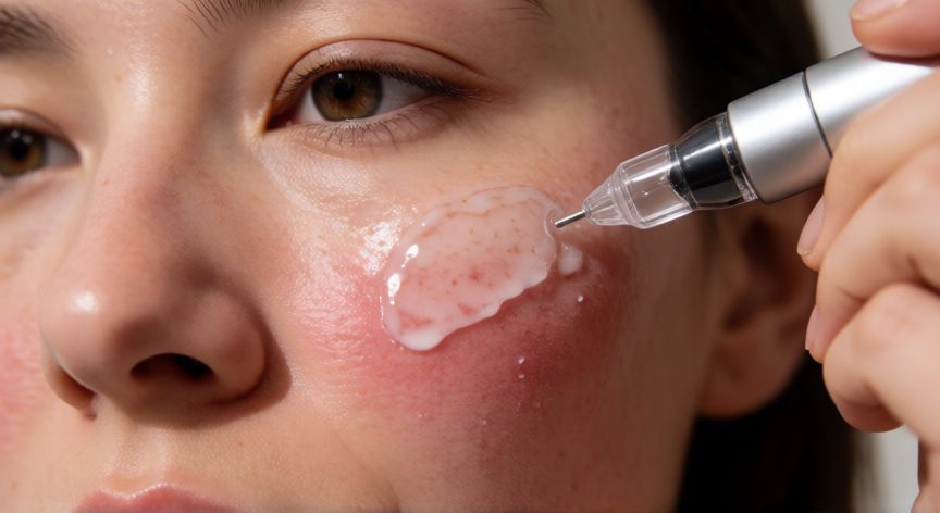 mejor producto para usar con dermapen, Aplicación de sérum de ácido hialurónico con Dermapen en el rostro