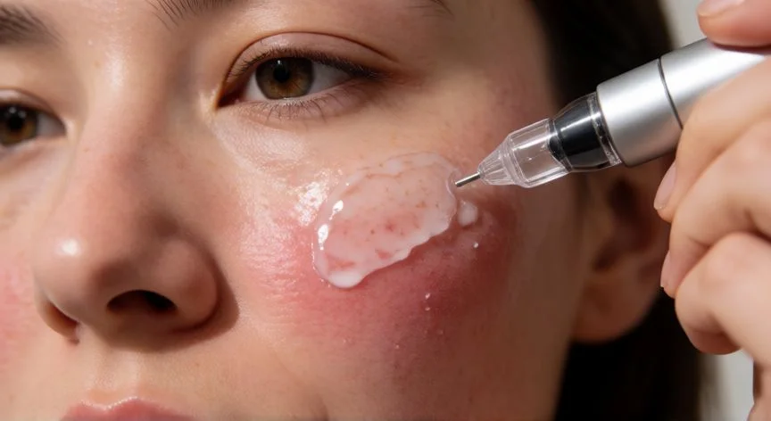 Aplicación de sérum de ácido hialurónico con Dermapen en el rostro