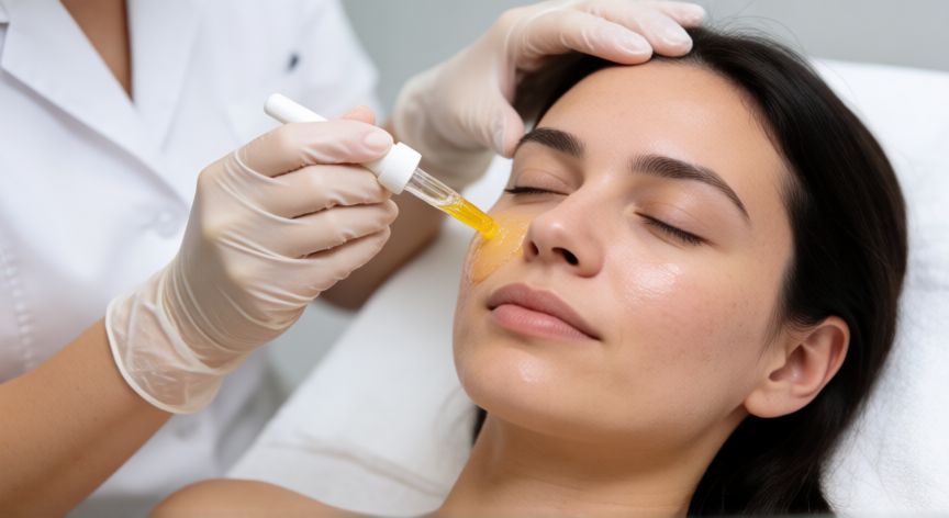 mejor producto para usar con dermapen, Esteticista aplicando sérum de vitamina C tras tratamiento de Dermapen