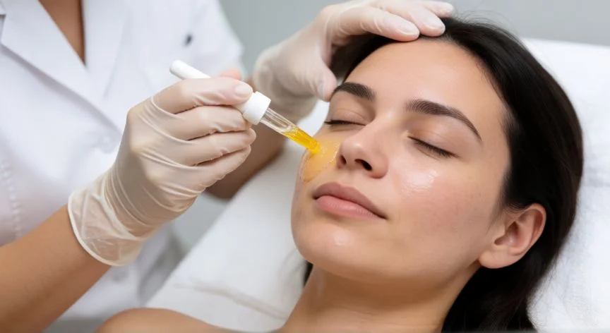 mejor producto para usar con dermapen, Esteticista aplicando sérum de vitamina C tras tratamiento de Dermapen