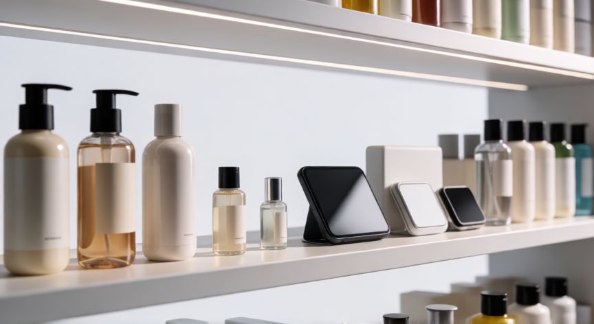 mejor producto para vender en shopify, Estantería organizada con productos de cosmética y accesorios tecnológicos listos para el envío en Shopify