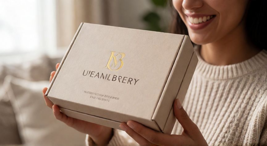 mejor producto para vender en shopify, Cliente satisfecha abriendo una caja de producto personalizado con empaque premium en su hogar