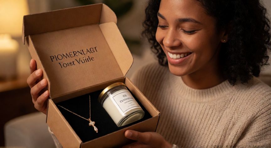 mejor producto para vender online, Cliente satisfecha abriendo paquete de producto personalizado