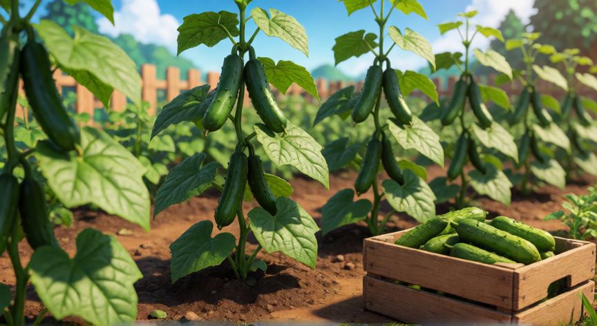 mejor producto para vender stardew valley, Plantas de pepino y tarros de pickle en una granja de Stardew Valley