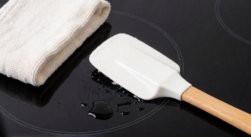 mejor producto para vitrocerámica, Espátula de plástico y paño de microfibra sobre vitrocerámica para retirar residuos