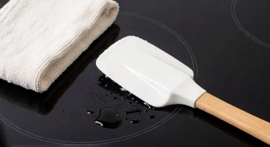 mejor producto para vitrocerámica, Espátula de plástico y paño de microfibra sobre vitrocerámica para retirar residuos