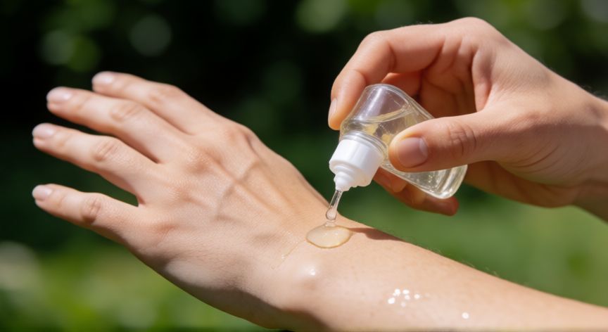 mejor producto para zancudos, Aplicación de repelente líquido en la piel al aire libre