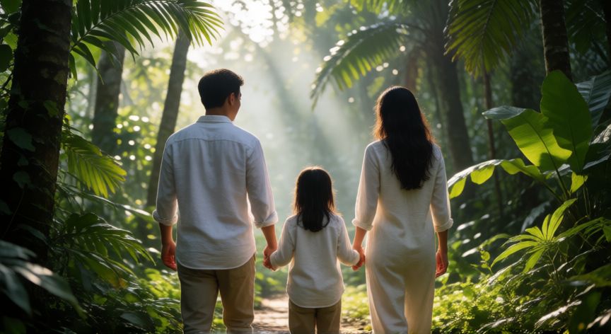mejor producto para zancudos, Familia caminando por un bosque tropical con protección adecuada