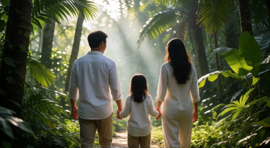 mejor producto para zancudos, Familia caminando por un bosque tropical con protección adecuada