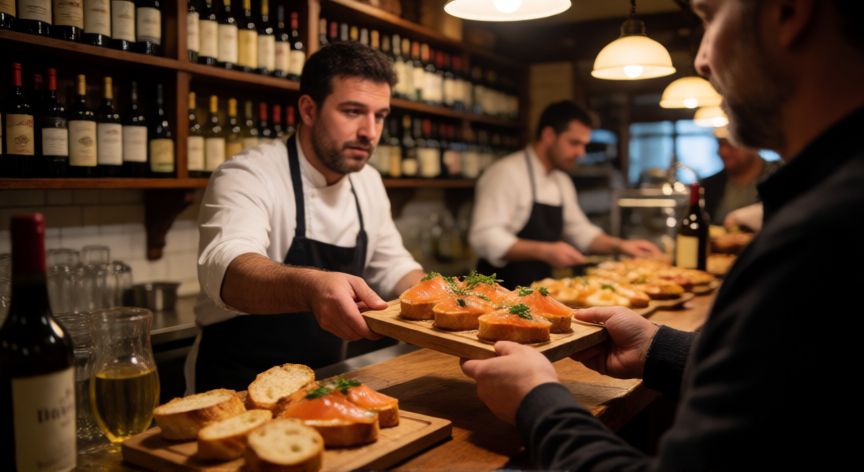 Barra de pinta tradicional en País Vasco con pintxos artesanales