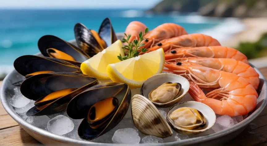 mejor restaurante pais vasco frances, Fuente de mariscos frescos del Atlántico servida en un restaurante costero