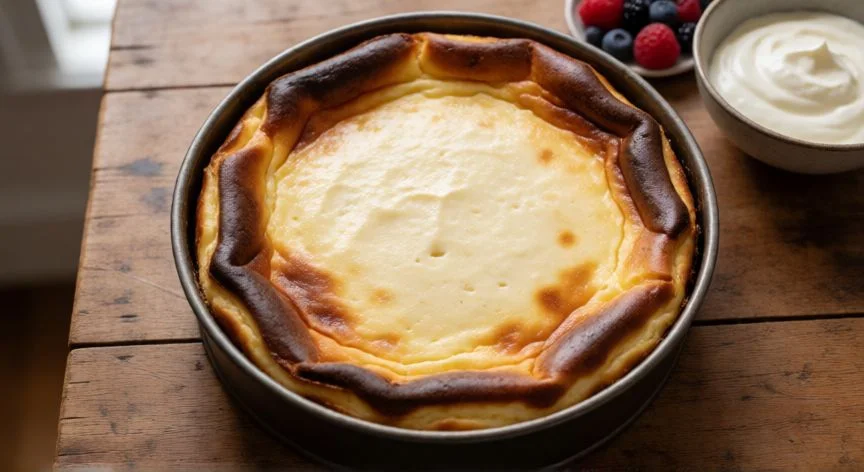 mejor tarta de queso pais vasco, Tarta de queso vasca completa en molde metálico sobre mesa de madera