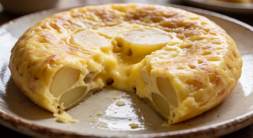 Tortilla española con centro jugoso y textura suave en plato rústico