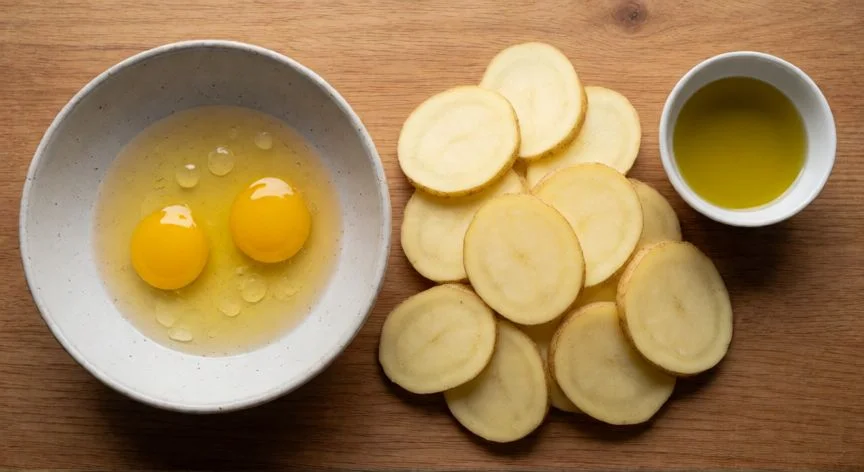mejor tortilla pais vasco, Ingredientes frescos para tortilla vasca: huevos, patatas laminadas y aceite de oliva