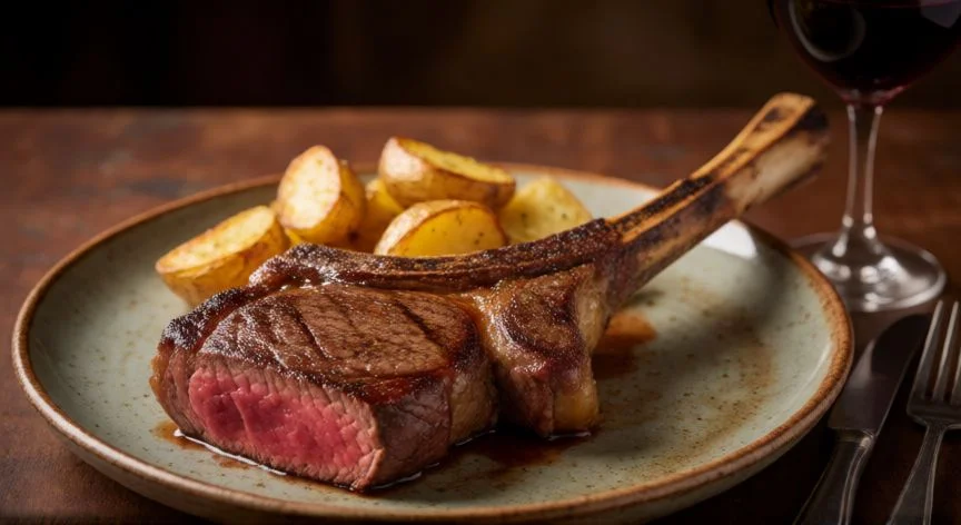 mejor txuleta pais vasco, Txuleta asada con punto medio rosado servida en plato rústico