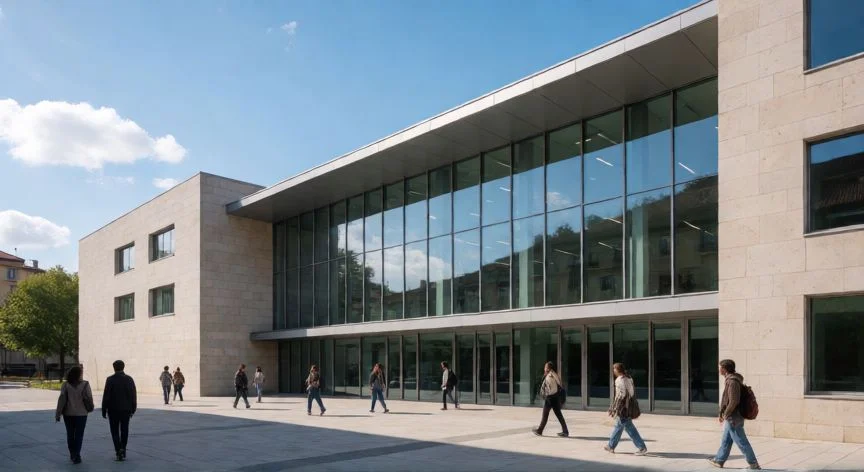 mejor universidad pais vasco, Edificio principal de la Universidad del País Vasco en Vitoria-Gasteiz con estudiantes