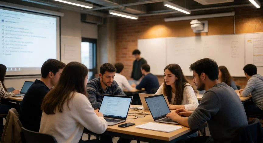 mejor universidad pais vasco, Aula moderna de la Universidad de Mondragón con estudiantes trabajando en equipo