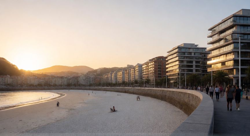 Vista panorámica de la bahía de La Concha en San Sebastián al atardecer