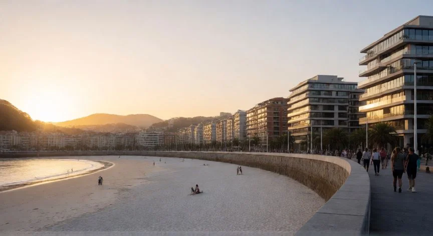 Vista panorámica de la bahía de La Concha en San Sebastián al atardecer