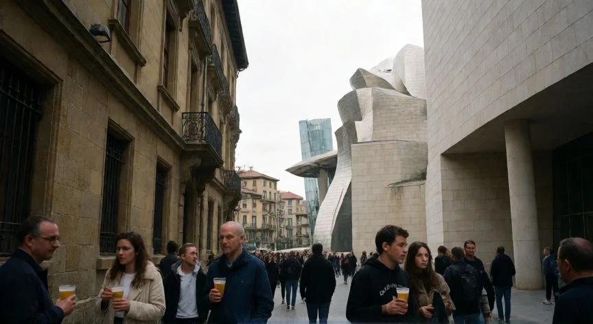mejor zona pais vasco, Vida urbana y arquitectura moderna en el centro de Bilbao cerca del museo Guggenheim